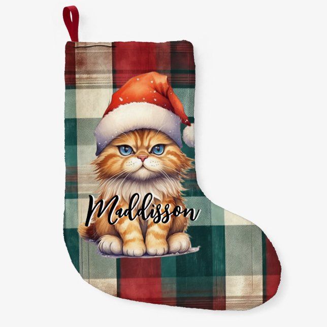 Petite Chaussette De Noël Chat Père Noël Plaid De Noël Avec Nom (Devant)