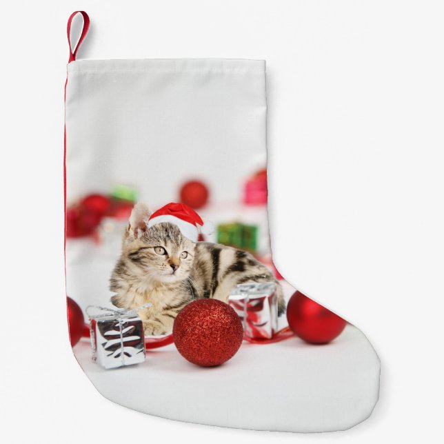 Petite Chaussette De Noël Chat portant le chapeau rouge du Père Noël (Devant)