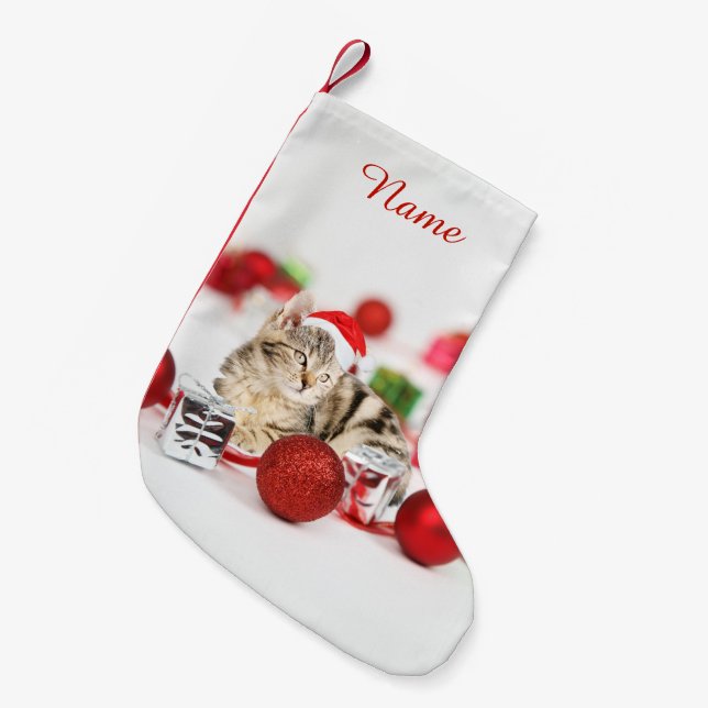 Petite Chaussette De Noël Chat portant le chapeau rouge du Père Noël (Devant (Accrochage))