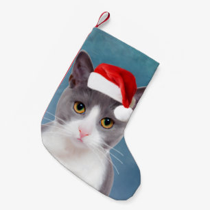 Petite Chaussette De Noël Chat portant le Santa Hat Portrait de Noël