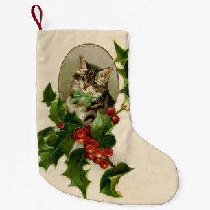 Petite Chaussette De Noël Chaton de Noël victorien au houx antique tabby