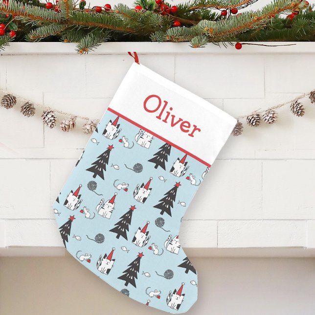 Petite Chaussette De Noël Chats amusants Bleu et Blanc (Créateur téléchargé)