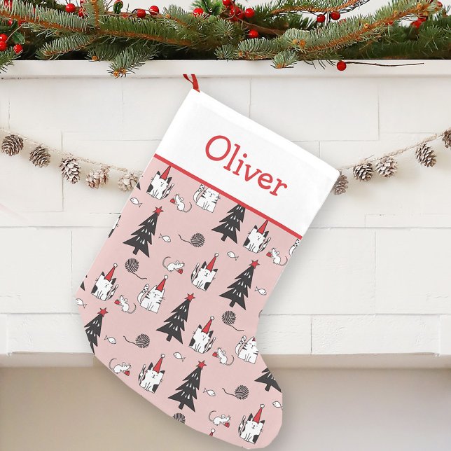 Petite Chaussette De Noël Chats amusants rose et blanc (Créateur téléchargé)