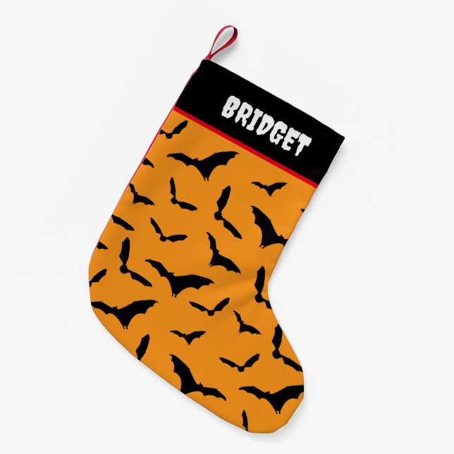 Petite Chaussette De Noël Chauve-souris gothique d'Halloween orange et noir (Devant (Accrochage))
