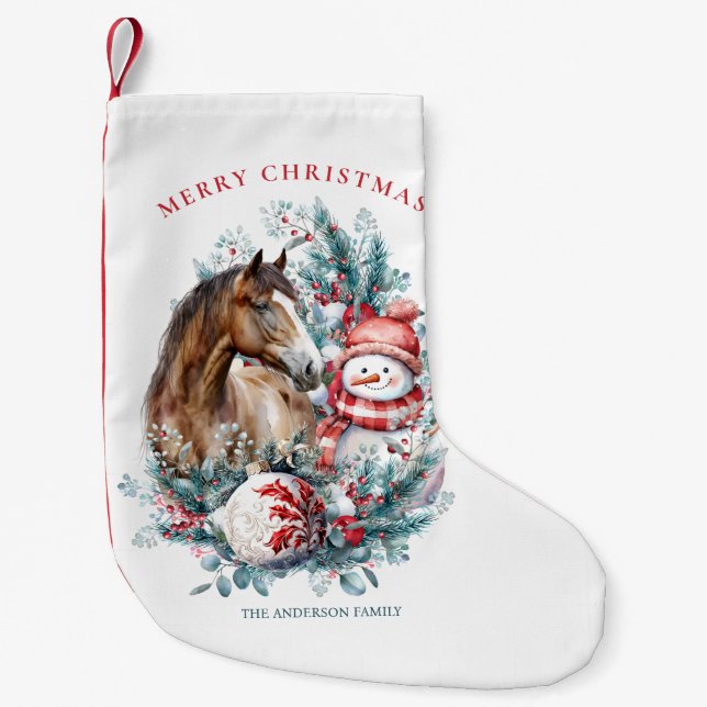 Petite Chaussette De Noël Cheval bonhomme de neige aquarelle de Noël élégant (Devant)