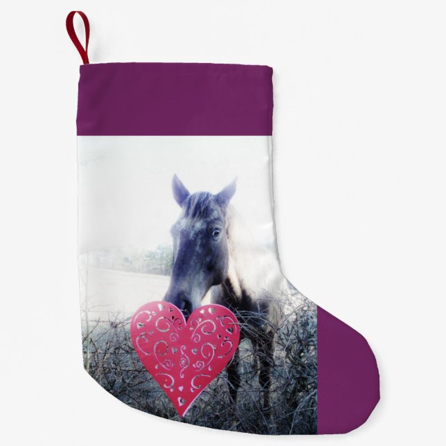 Petite Chaussette De Noël Cheval de Noël rétro violet et coeur (Devant)