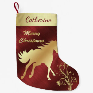 Petite Chaussette De Noël Cheval occidental d'or sur le rouge foncé/arrièr