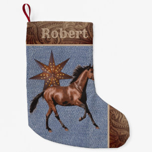 Petite Chaussette De Noël Cheval occidental et étoile avec faux cuir/denim