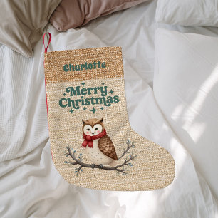 Petite Chaussette De Noël Chevêche burlap beige nom rétro Joyeux Noël