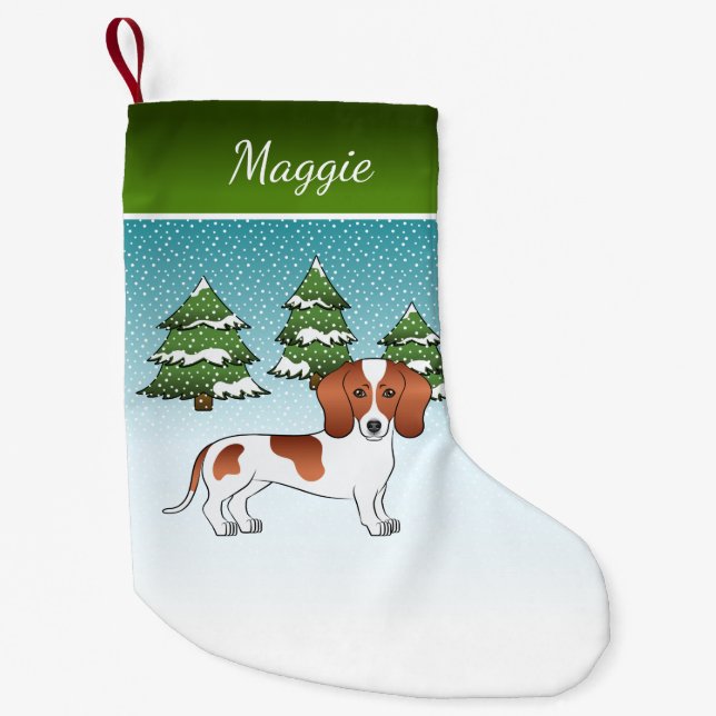 Petite Chaussette De Noël Cheveux courts Rouges Chien - Forêt d'hiver (Devant)