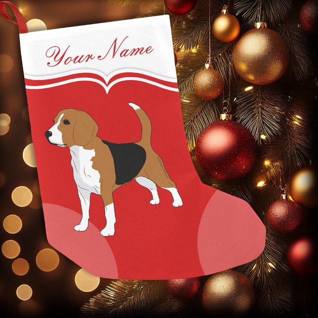 Petite Chaussette De Noël Chien beagle Rouge Solide Personnalisé (Personalized Beagle Christmas stocking)