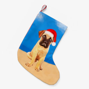 Petite Chaussette De Noël Chien Bullmastiff sur la plage Casquette de Noël