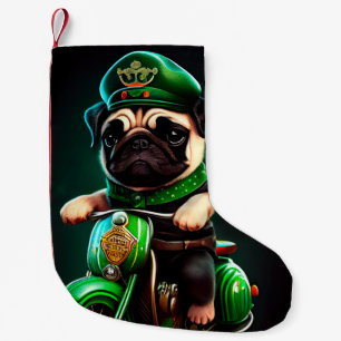 Petite Chaussette De Noël Chien Carlin Conduisant un Vélo Jour de la Saint-P