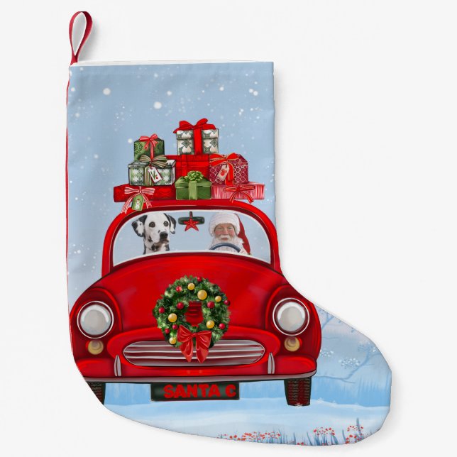 Petite Chaussette De Noël Chien Dalmatien En Voiture Avec Le Père Noël (Devant)