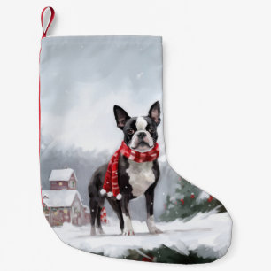 Petite Chaussette De Noël Chien de Boston Terrier pendant Noël de neige