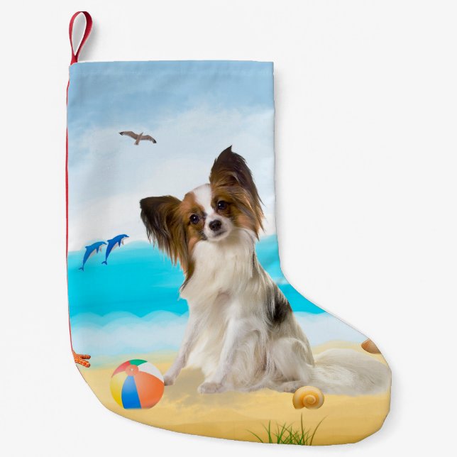 Petite Chaussette De Noël Chien de Papillon sur la plage (Devant)