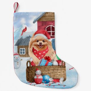 Petite Chaussette De Noël Chien de Poméranie dans la neige Maison de Chien d