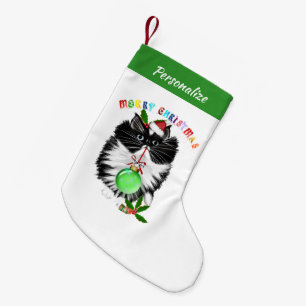 Petite Chaussette De Noël Chien en peluche noir et blanc Chapeau de Père Noë