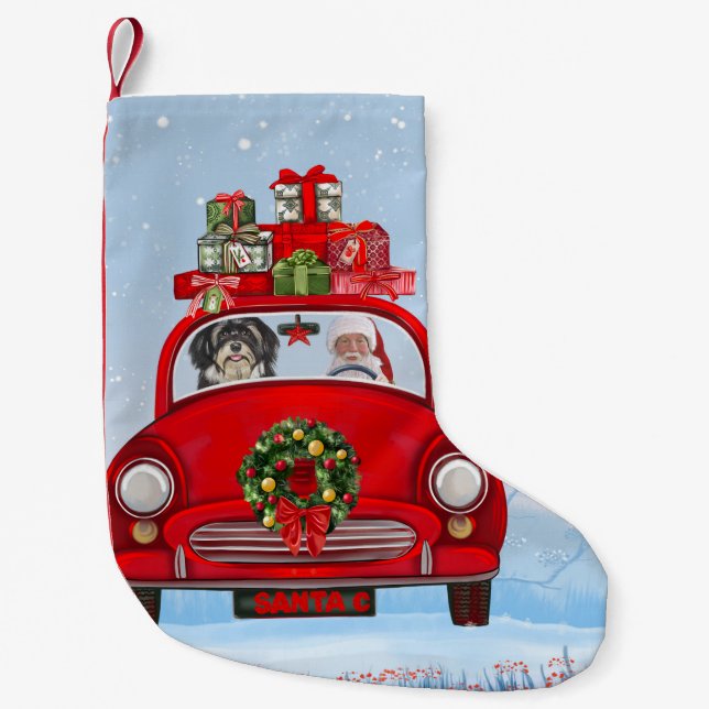Petite Chaussette De Noël Chien Havanais en voiture avec le Père Noël (Devant)