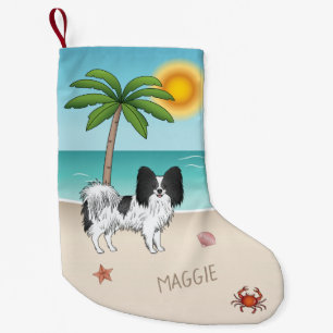 Petite Chaussette De Noël Chien Papillon Noir Et Blanc Plage Été Tropicale