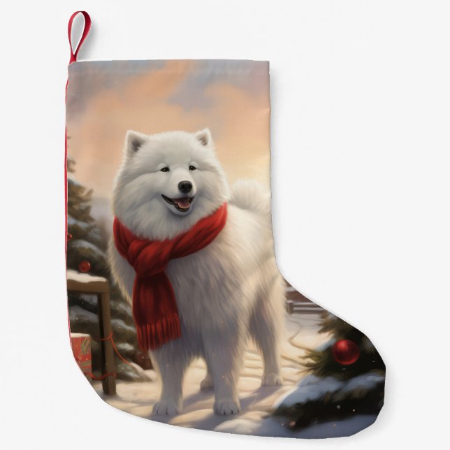 Petite Chaussette De Noël Chien Samoyé à Noël de neige (Devant)