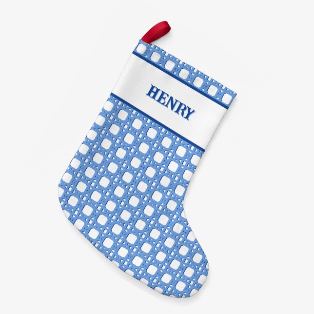 Petite Chaussette De Noël Chinoiserie Cane Trellis in Blue Personalized (Devant (Accrochage))