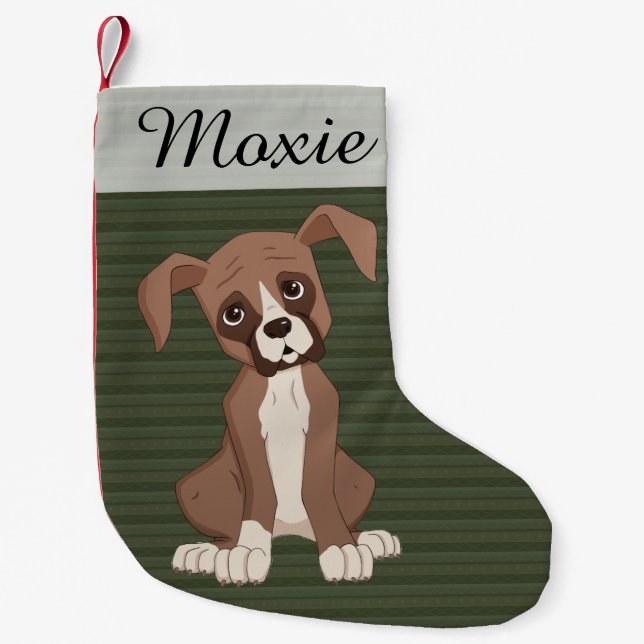 Petite Chaussette De Noël Chiot de boîte sur un Motif de Noël vert (Devant)