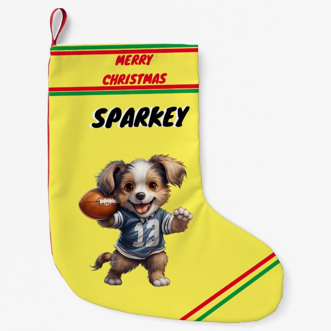 Petite Chaussette De Noël Chiot Jouant au football Noël Stocker / Nom (Devant)