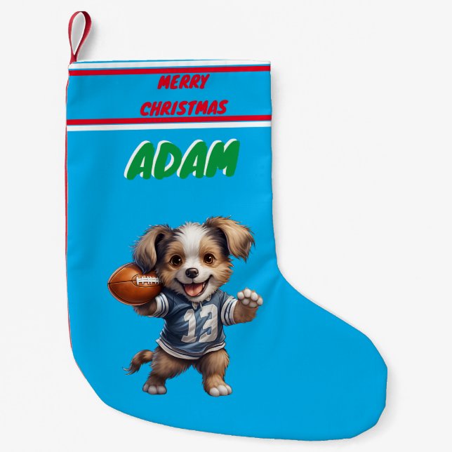 Petite Chaussette De Noël Chiot Jouant au football Noël Stocker / Nom (Devant)