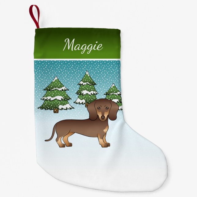 Petite Chaussette De Noël Chocolat Et Tan Cheveux Court Dachshund En Hiver (Devant)