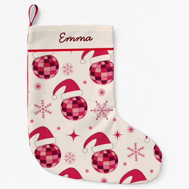 Petite Chaussette De Noël Christmas Red Père Noël Disco Balls Nom personnali (Devant)
