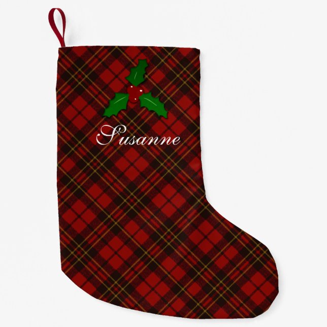 Petite Chaussette De Noël Christmas Red tartan plaid holly twig Texte person (Devant)