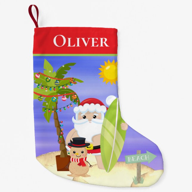 Petite Chaussette De Noël Christmas Summer Santa Beach Surfing Personalized (Devant)