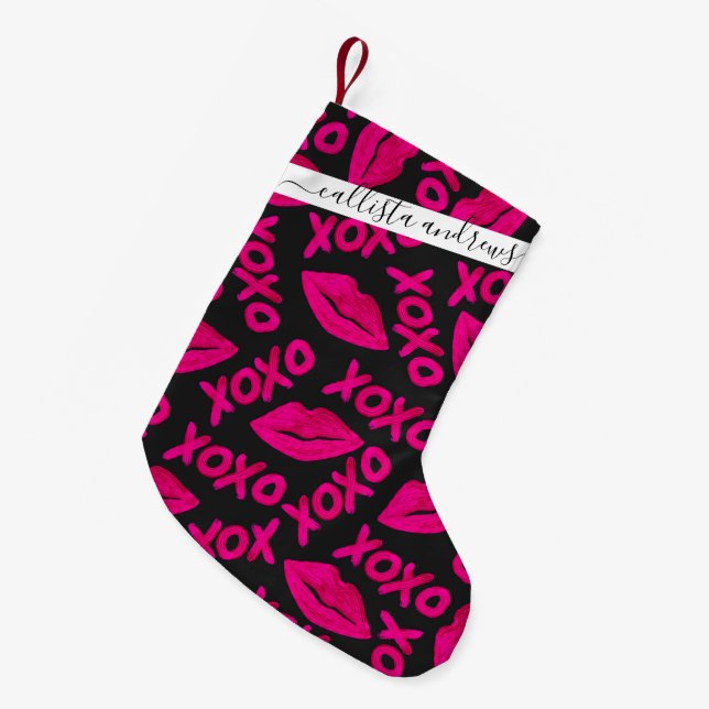 Petite Chaussette De Noël Citation XOXO noir Neon rose lèvres Motif (Devant (Accrochage))