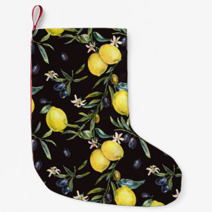 Petite Chaussette De Noël Citron, branches d'olivier : motif aquarelle.