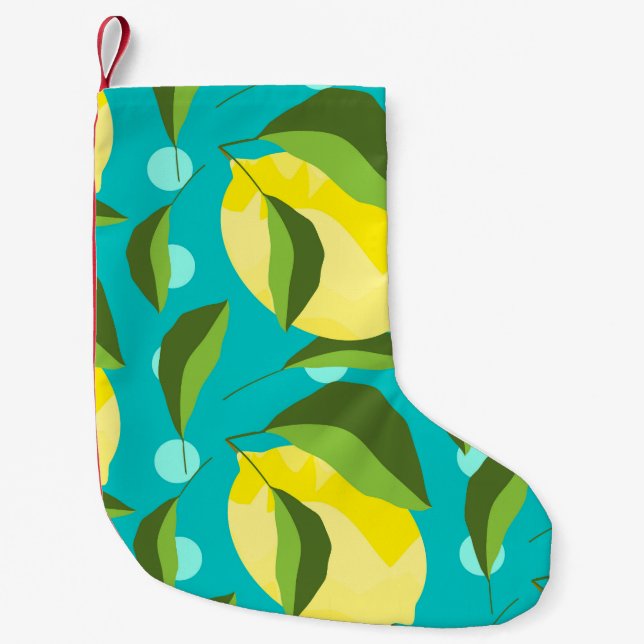 Petite Chaussette De Noël Citrons Polka Point : Arrière - plan bleu. (Devant)