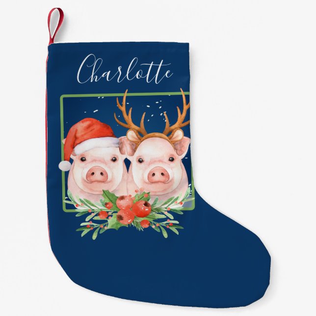 Petite Chaussette De Noël Cochons de Noël Personnalisé Père Noël Reindeer (Devant)
