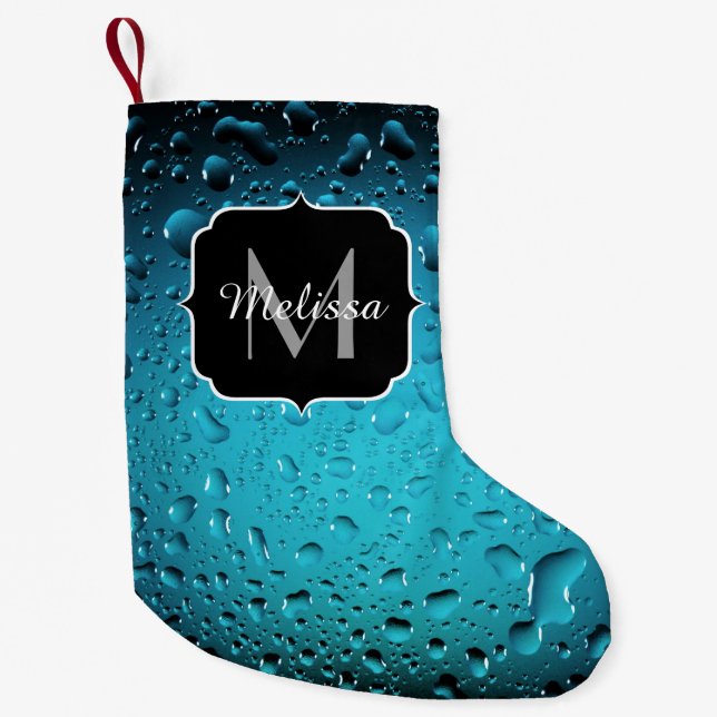 Petite Chaussette De Noël Cool élégant Bleu gouttes d'eau Monogramme (Devant)