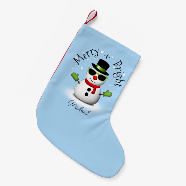 Petite Chaussette De Noël Cool Snowman Joyeux Noël brillant Nom personnalisé (Devant (Accrochage))