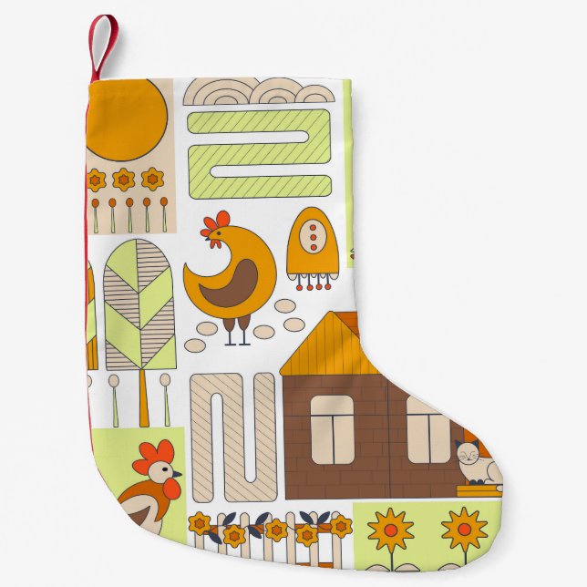 Petite Chaussette De Noël Coq, poules, dessin géométrique floral. (Devant)