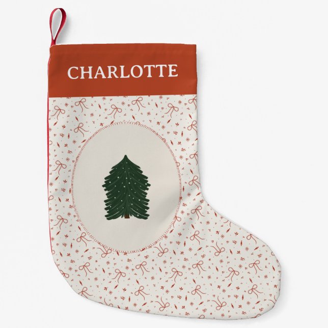 Petite Chaussette De Noël Coquette Festif Rouge Blanc Pin Arbre (Devant)
