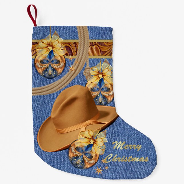 Petite Chaussette De Noël Corde Casquette Western Cowboy Faux Denim Cuir (Devant)