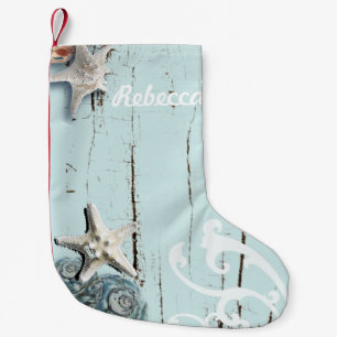 Petite Chaussette De Noël Côté aqua bleu plage bois étoile coquillage