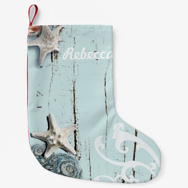 Petite Chaussette De Noël Côté aqua bleu plage bois étoile coquillage (Devant)