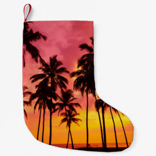 Petite Chaussette De Noël Coucher de soleil tropical : Silhouette de palme s