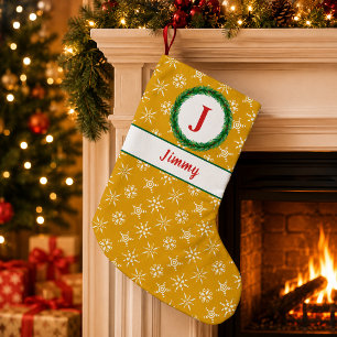 Petite Chaussette De Noël Couronne Monogramme Votre Nom Or et Flocons de Nei
