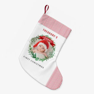 Petite Chaussette De Noël Couronne verte aquarelle premier Noël bébé photo