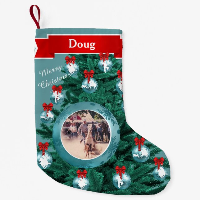 Petite Chaussette De Noël Cowboy Cowgirl Roping Blue Custom Photo Stocking (Devant)