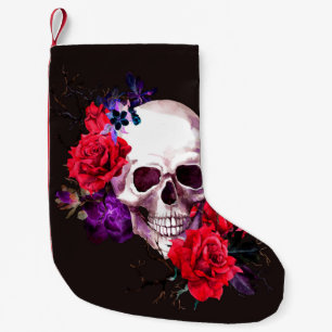 Petite Chaussette De Noël Crâne aux branches de fleurs foncées et roses roug