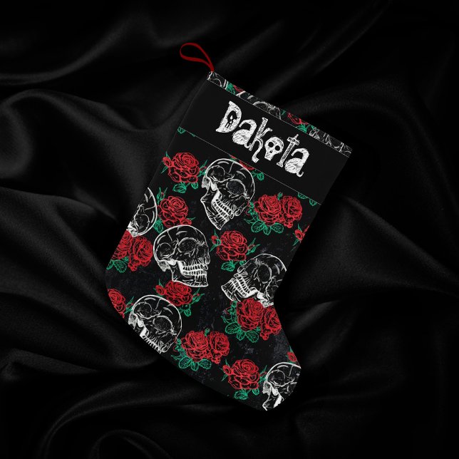 Petite Chaussette De Noël Crânes et roses rouges | Grunge gothique moderne (Créateur téléchargé)